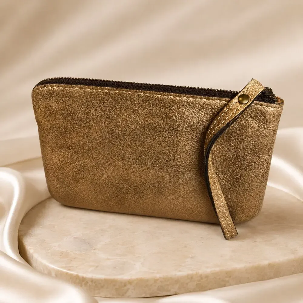 Patricia Nash Biscay Wristlet Bronze Gold Sequin Italian Leather Clutch Purse